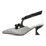 Silver Glitter Black Bows Embellished Point Head Kitten Heels Bridal Sandals Shoes